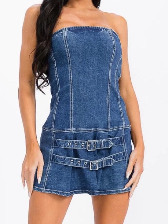 Dresses & Skirts - Strapless Blue Denim Mini Dress with Belt Details